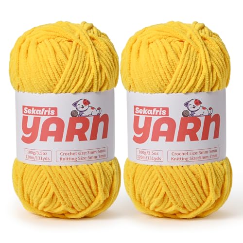 2 Pack Plush Chunky Chenille Yarn for Crocheting, Soft Fluffy Velvet Yarn for Crocheting Amigurumi, Fuzzy Baby Blanket Knitting 200g/262yds Bulky(2 Golden Yellow) - color: 2 Golden Yellow