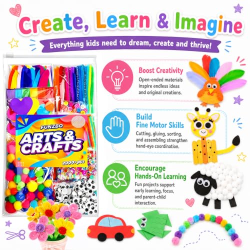 FUNZBO 2000Pcs+ Arts & Crafts Supplies Kit for Kids, DIY Craft for Girl | Art Supply Tools Set Pipe Cleaners, Pom Poms Popsicle Sticks and Feather, Birthday Gifts for Boys & Girls Ages 4 5 6 7 8 -12 - size: Crafts Kit (Large)