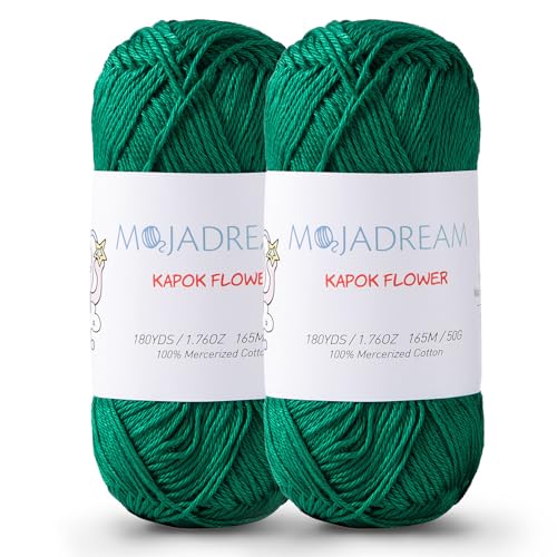 2 Pack of 180YDS/1.76OZ 100% Cotton Yarn, Soft Mercerized Cotton for Amigurumi with Easy-to-See Stitches, Fine-Sport #2, Amigurumi Cotton Yarn for Crocheting Strong and Silky, Green