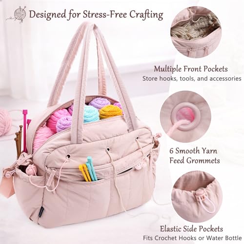 MYBAGZING Stylish Crochet Bag Organizer with Crochet Hook Case, Large Capacity Yarn Bag for Crocheting on the Go, Soft Quilted Crochet Tote with 7 Compartments, Knitting Project Carry-On Travel Gift - color: Pink