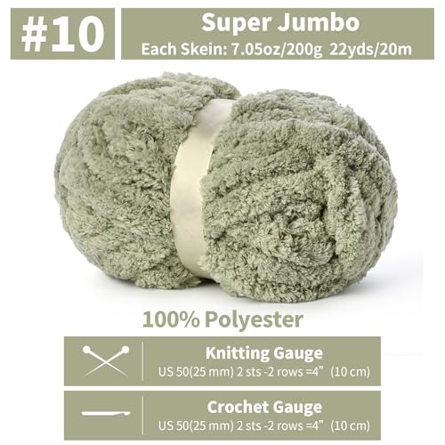 Chunky Jumbo Chenille Yarn #10 Sage Green 10 Pack | 200g/22yds Super Bulky Baby Soft Yarn for Hand Knitting Fluffy Chunky Knit Throw Blanket Yarn - color: Sage Green