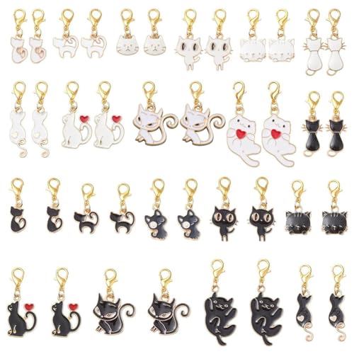SUNNYCLUE 1 Box 40Pcs 10 Styles Stitch Markers Cats Crochet Cat Charm Alloy Enamel Black White Cute Kitty Coquette Gold Lobster Claw Clasps Charm for Weaving Knitting Crocheting DIY Crafts Supplies - style: Cat 3