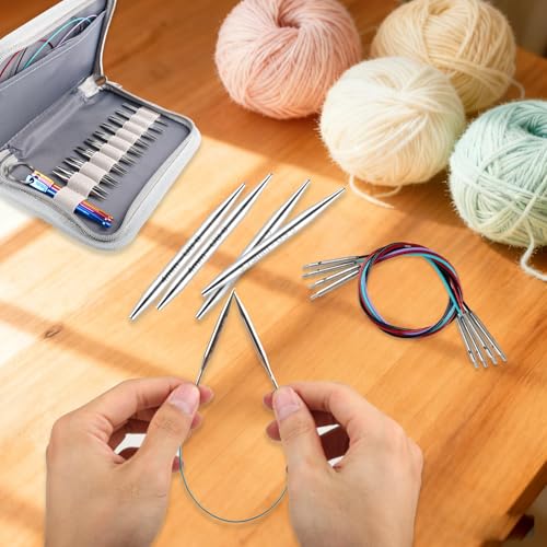 Svartur 2 inch Interchangeable Circular Knitting Needles, Stainless Steel Shorties Interchangeable Knitting Needles with 4 Assorted Cables, Storage case - color: Stainless Steel-2in-9 Pairs
