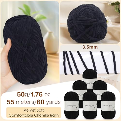 6 Pack of 1.76oz Chenille Yarn for Crocheting,60yards Soft Fluffy Velvet Yarn, Ideal Crochet for DIY Baby Blankets Toys Scarves Throw Pillows Hats Cushions(Black) - color: Black