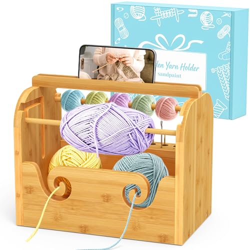 sandpaint Upgraded Yarn Holder for Crocheting, Bamboo Crochet Yarn Holder | Built-in Phone Stand, Bottom Storage, Tangle-Free Dual Rods & Tool Holder, Ideal Crochet Accessories for Skein, Ball Yarn - color: Wood Upgraded Yarn Holder
