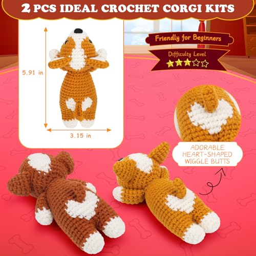 Fortuning's JDS Crochet Kit for Beginners, 2 PCS Corgi Crochet Kits | w/ Step-by-Step Video Tutorials, Beginner Crochet Kit for Adults, Crochet Animal Kit, Dog Knitting Kit Gifts Valentine's Day - color: Brown Yellow Corgi Set