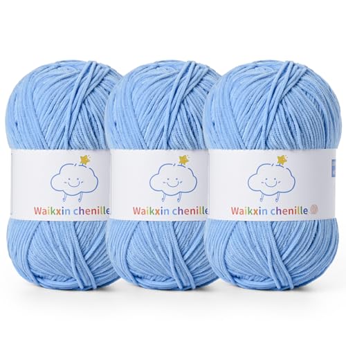 Fluffy Chenille Yarn for Crocheting，Baby Yarn for Crocheting Soft，3 Pack of 100g/3.5oz Velvet Amigurumi Yarn ，Fingering Weight Yarns for Crocheting Baby Blankets、DIY Craft.(3 Azure) - color: 3 Azure