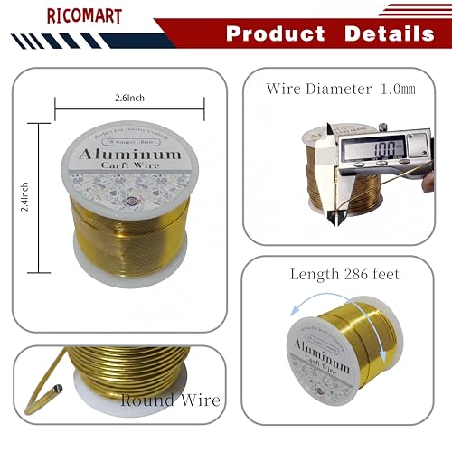18 Gauge Aluminum Craft Wire Gold 286FT 1mm, Jewelry Making, Flexible Bendable Armature Wire for Sculpting, Floral Crafts, Metal Wire Wrapping, DIY Art Projects & Wreath Making - color: Gold, size: 18gauge