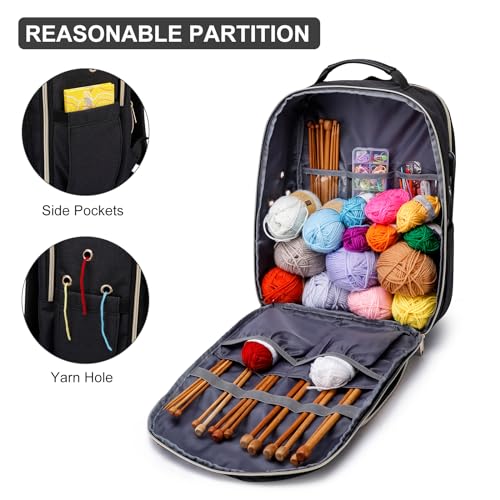 Liokesa Knitting Bag Backpack, Crochet Bag Tote, Large Yarn Storage Tote Bag with USB Charging Port, Mothers Day Gifts Yarn Holder Case for Carrying Projects, Knitting Needles, Yarn Supplies, Black - color: Black