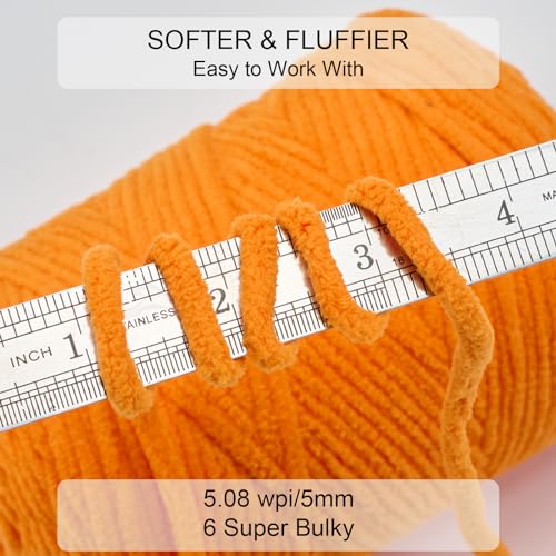 Chunky Chenille Yarn #6 Super Bulky Soft Fluffy Crochet | Easy care & beginner-friendly. Choose 0.66lb or 1.76lb. Perfect for blankets, hats, scarves, home decor. Machine washable. - color: Orange, size: 0.66LB/215yds