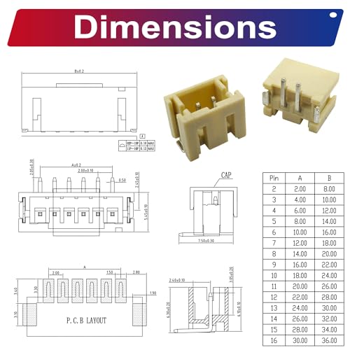 JST Connector Kit, PH2.0 SMT Header Jst 2mm Pitch IC Socket Plugs Adapter, JST-PH 2/3/4/5/6/7/8/9/10/12Pin SMT Header Surface Mount Mounting Top Type Vertical Header (PH2.0-SMT-Ver) - size: JST-2.0MM-PH-SMT-Vertical Header