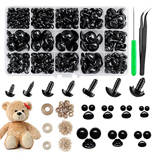 Safety Eyes and Noses, Plastic Craft Eyes and Teddy Bear Nose for Amigurumi with Washers，Crochet and Tweezers for Doll Making Supplies - color: 398pcs black