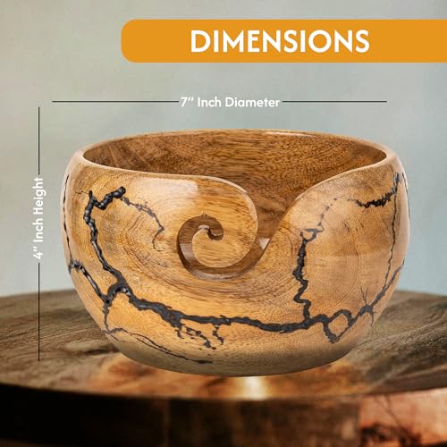 Mangowood Yarn Bowl for Crocheting, Large 7x4 inch Cute Crochet Wooden Yarn Holder & Knitting Gadgets Supplies, Gifts for crocheters Handmade Bowl with Fractal Burning & Black Resin Inlay (M-Black) - color: M-Black