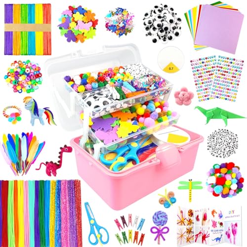 ZEIZHUBN Arts and Crafts Supplies for Kids Crafts Kit with Pipe Cleaners DIY Crafts for Kids Art School Supplies Materials All in Crafting Box Craft Supply Set Gifts for Kid Girls Boys Age 4-8, 8-12 - color: Rose