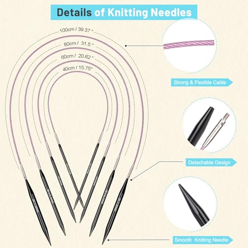 Aeelike 9 Pair Interchangeable Knitting Circular Needles Set 3-8.0mm, Black | Aluminum Interchangeable Knitting Needles with 4 Cables, Smooth Complete Needles Set for Socks Blankets Sweaters, Ideal Gift - color: Black