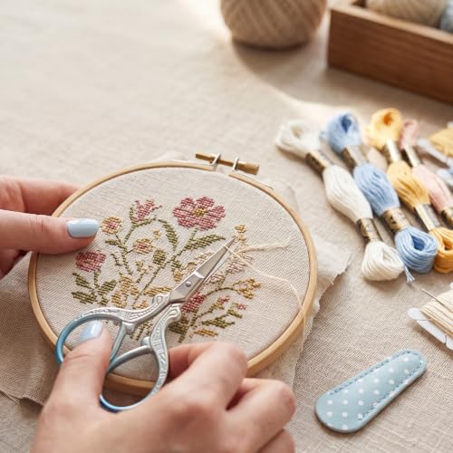 Honoson 4 Pcs Small Embroidery Scissors, 3.6", Simple, Retro Colors | Sewing Scissors with Leather Cover, Sharp Tip for Needlework Cross Stitch Crochet Knitting Craft, Stainless Steel Stork Shear - color: Retro Colors