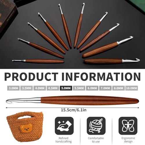 Lunarm Crochet Hook 5.0mm Ergonomic Crochet Aluminum Hook Wood Handle | Available in 3mm-10mm for Arthritic Hands DIY Craft Knitting Bouquets, Blankets, Hats, Gloves from Various Yarns - size: 5.0mm