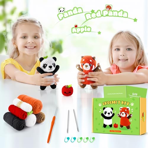 2PCS Pandas Crochet Kit for Beginners Animal Crochet Starter Kit for Adults | White and Red Panda Crochet Animal Kit with Step-by-Step Video Tutorials, Apple Crocheting Kit, Knitting Kit for Birthday - color: White Red Panda Apple