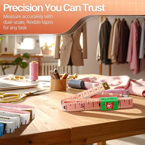 Flexzion Cloth Measuring Tape for Sewing, Soft Ruler, 60 in/150 cm, 12 Pack | Flexible Dual-Scale Tapes with Inches and Centimeters for Tailoring, Crafts, Clothing, and Body Measurements; Assorted Colors