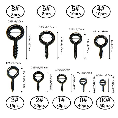 191pcs Screw Eyes Zinc Plated Metal Eye Hook Screw Self Tapping Screws Includes 9 Sizes Color Black - color: Black, size: 191PCS
