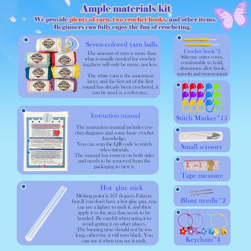 DIBYHIVE Crochet Kit for Beginners,Complete Video Tutorials,3D Butterfly Crochet Kit,Suitable for Adults and Kids,Includes Explanations of Basic Crochet Stitches - color: 001