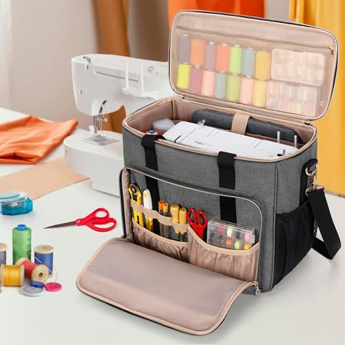 LUXJA Sewing Machine Case with Multiple Pockets, Gray | Sewing Machine Bag Compatible with Most Standard Brother, Singer, Janome, Detachable Shoulder Strap, Trolley Sleeve - color: Gray