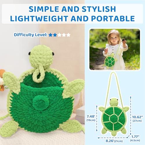 Mewaii Turtle Crossbody Bag Crochet Kit for Beginners, 40% Extra Yarn | Video Tutorial, Pre-Started Piece, Gift Box, Level 1 Starter Kit, Family Craft for Adults, Kids & Beginners - color: Dark Green