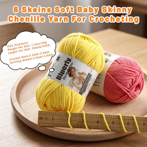 Skinny Chenille Yarn for Crocheting and Knitting, 6 Pack of 50g/158yds - 948yd Total, Soft Fluffy Yarn for Crochet Amigurum & Baby Blankets, Thin Chenille #2 Plush Crochet Yarn (6, Turmeric) - color: Turmeric