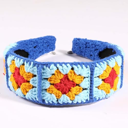 Crochet Headband for Women, Handmade Sunflower & Checkered Hair Accessories, Stretchable Boho Hair Band (Red-Royal Blue, Checkered) - color: Red-Royal Blue