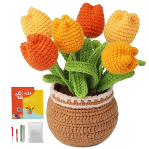 kgxulr Crochet Kit, Yellow Tulips Knitting Kit, Crochet Kit for Beginners | Crochet Kit for Beginners, Crochet Flower Kit, Beginner Crochet Kit for Adults with Step-by-Step Video Tutorials - color: Yellow Tulips