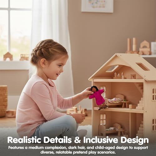 PlanToys® Girl Wooden Dollhouse Figurine Poseable 1:12 Scale 4-Inch Doll | daughter character, doll house people accessories, bendable arms, kids pretend play, storytelling learning gift ages 3+ - color: Hispanic Girl