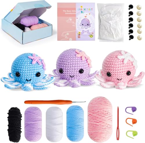 Crochet Kit for Beginners: Make 3 Cute Amigurumi Animals with Easy-to-Follow Video Tutorial, Complete Beginner Crochet Kits for Kids Adults, Creative Christmas Birthday Gift Idea for Women & Girls - color: octopuses Family