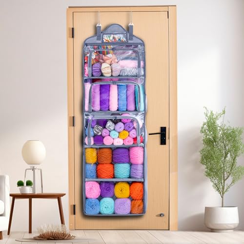 MYBAGZING Hanging Yarn Storage Organizer –Over-the-Door Crochet Organizer with Both Front and Side Zipper Closure -Large Capacity Clear Yarn Holder for Crochet Hooks, Knitting Needles & Accessories - color: Grey