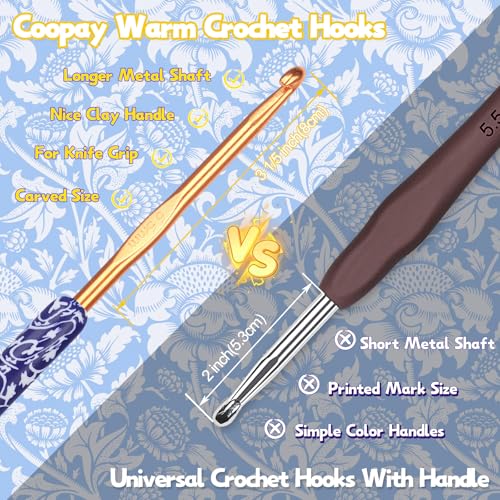 Coopay Warm Crochet Hooks, Ergonomic Crochet Hook Set Soft Grip- Dark Blue | 2.0mm-6.0mm Dark Blue & White Porcelain Art Handle, Comfort Grip Needles Set for Beginners, Long Crochet Needles Set Gift - color: Dark Blue & White Porcelain