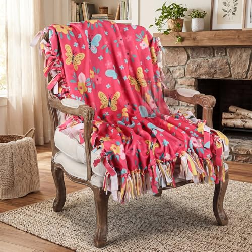 HunnmingRe 3 Pcs No Sew Blanket Kit,Butterfly and Flowers,Rose Pink | DIY Fleece Tie Blankets Kit Include 50x60 Inch No Sew Fleece Fabric and Ruler Template DIY Throw Making for Bed Couch - color: Rose Pink, style: Butterfly and Flowers