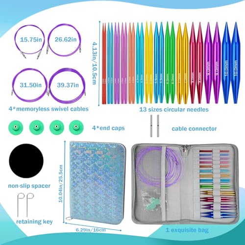 Yarniss 4-Inch Circular Knitting Needle Set with Case,Size 3.0~10.0mm | 13 Pairs Interchangeable Aluminum Knitting Needles with 4 Cables - color: Blue
