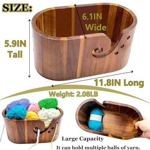 Large Yarn Bowl for Crocheting (11.8'' x 6.1'' x 5.9'') | Acacia Wooden Yarn Bowl Oval Knitting Yarn Bowl Swirl Design-yarn holder bowl Gift for Knitters & Crocheters