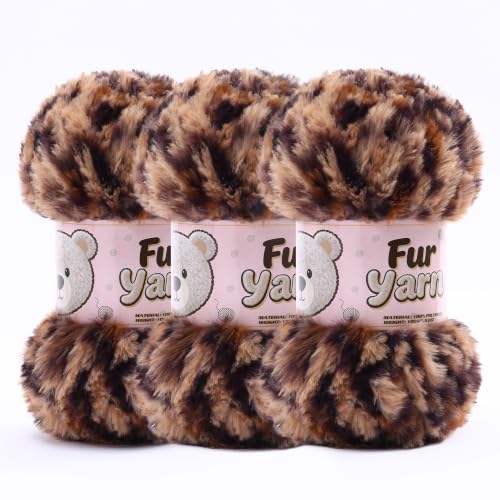 3 Skeins Faux Fur Yarn Soft Fluffy for Crocheting - Chunky Fuzzy Yarn for Crochet Amigurumi, Blankets, Scarves and Sweaters - Each 3.5 oz/100 g, 71 yds/65 m (3, Khaki + Brown) - color: Khaki + Brown Green