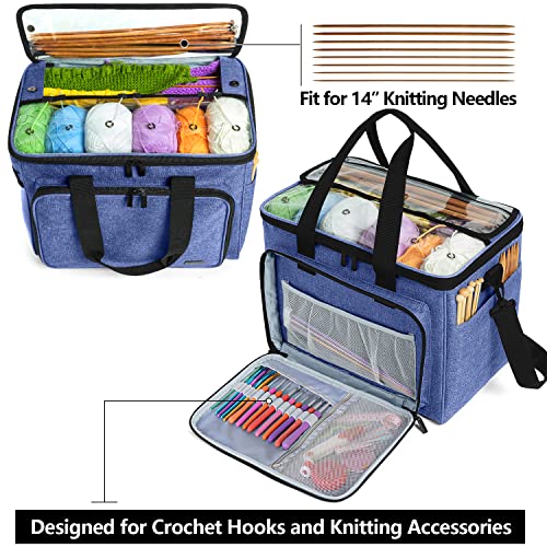 Teamoy Knitting Bag, Yarn Storage Organizer Crochet Bag Tote, Dark Blue | Yarn Holder with Inner Divider(Sewn to Bottom) for Crochet Hook, Knitting Needles(Up to 14"), Project and Crocheting Supplies - color: Dark Blue