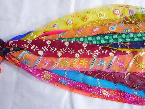 Sari Silk Ribbon Yarn Strips Georgette Fabric Remnant Embroidered Tassels Ribbons Yarn Yards Journal Scrapbook Home Decor India Journal DS234 (15 Yards)