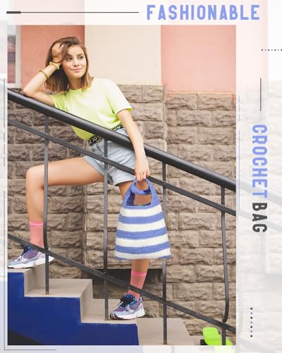 Katech Crochet Kit for Beginners w/Striped Tote Bag 3-1 Step-by-Step Guide | Tote Bag Crochets Kit clue Yarn Crochet Hooks for Adults Beginners Learn to Crocheting Crocheted Starter Kit Crocheter Gift - color: Blue White