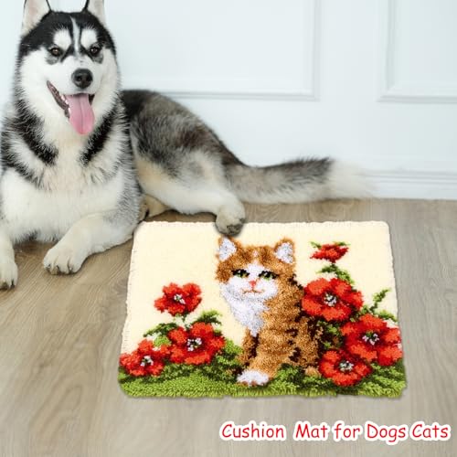 MIAOLLUN Latch Hook Kit Rug, Latch Hook Kits Cat with Pre-Printed Pattern for Adults and Kids 52X38cm/20.4 Inch X15 Inch - color: Flower Cat