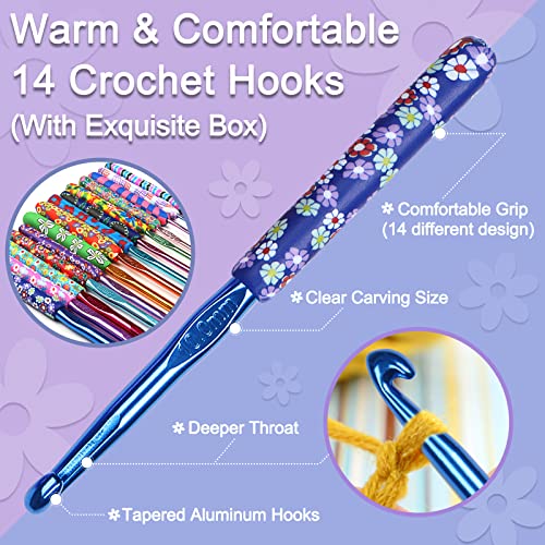 Coopay 14pcs New Warm Crochet Hooks for Beginner, Longer Crochet Hook Set | 2mm to 10mm Art Aluminum Comfy Grip Crocheting Needle Knitting Supplies Christmas Crocheting Gifts for Crocheters, Best Gift - color: multicolored box