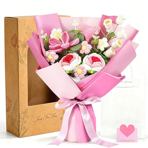 TORONTOKYO Crochet Flower Bouquet, Pink Crochet Bouquet for Women, 18 PCS | Handmade Knitted Flowers with Gift Card for Valentine's Day, Mother's Day, Graduation, Birthday Gifts - color: Pink