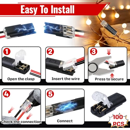 100 Pcs 2-Pin Wire Connectors, Locking Buckle, No Stripping, For LED Lights | Accepts Bare/Solid Wires, Low-Voltage DIY Use, Finger-Press Snap Closure, Steady Dual-Wire Contact