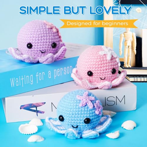 Crochet Kit for Beginners: Make 3 Cute Amigurumi Animals with Easy-to-Follow Video Tutorial, Complete Beginner Crochet Kits for Kids Adults, Creative Christmas Birthday Gift Idea for Women & Girls - color: octopuses Family