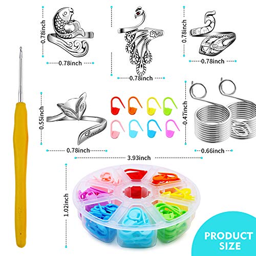 6Pcs Knitting Loop Crochet Loop Knitting Accessories, Metal Thread Guide Finger Holder Knitting Thimbles,Adjustable Braided Open Finger Ring,104Pcs Knitting Stitch Markers and 1 Crochet Hook