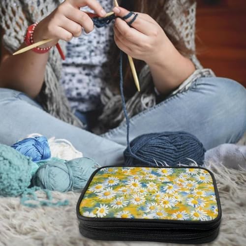 Hechitok Daisy Print Crochet Hook Case Zipper Storage Organizer Bag with Pockets for Various Crochet Needles/Knitting Accessories/Crochet Hook Kit Tools - color: Daisy Print