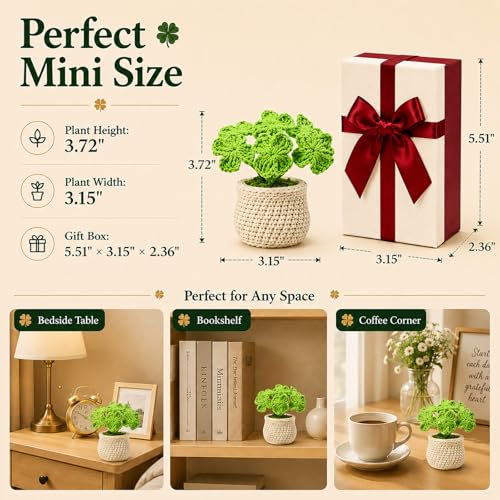 Handmade Crochet Plant Four Leaf Clover Flower Pot for Thank You | A heartfelt handmade gift that brings happiness, friendship, and warm wishes. Perfect for mom, friend, and thinking of you. - color: Clover-white Pot
