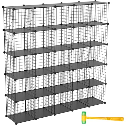 Wire Cube Storage Organizer, 25-Cube Metal Storage Shelves Bookshelf, Stackable Modular Closet Organizer for Bedroom Living Room, Office,Storage Shelves - color: Black Plus Iron, size: 25 Cubes